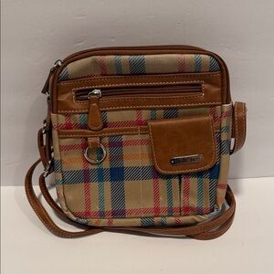 Stylish Plaid Messenger Bag with Brown Leather Accents